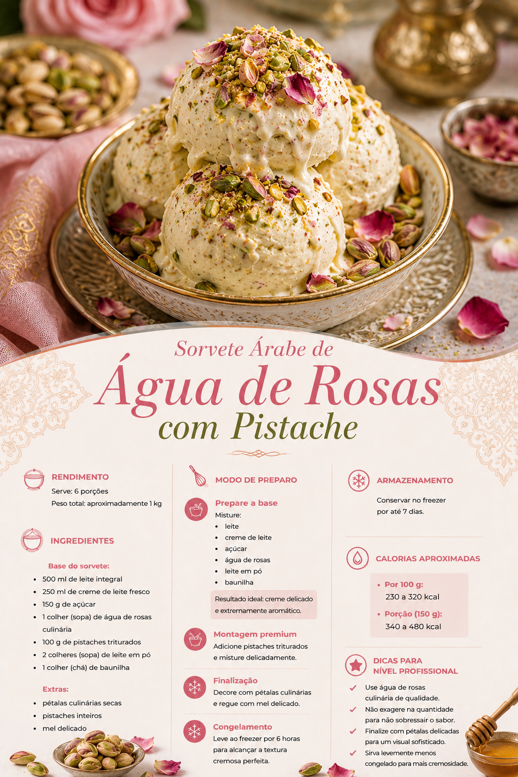 Sorvete Árabe de Água de Rosas com Pistache