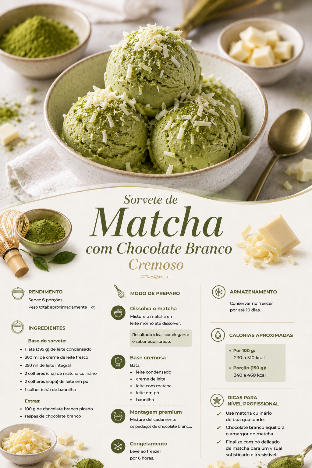 Sorvete de Chá Matcha com Chocolate Branco